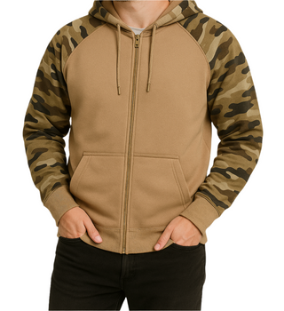 Oversized Zip-Up Hoodie with Camo Sleeves & Hood-Desert Storm