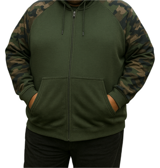 Oversized Zip-Up Hoodie with Camo Sleeves & Hood-Woodland